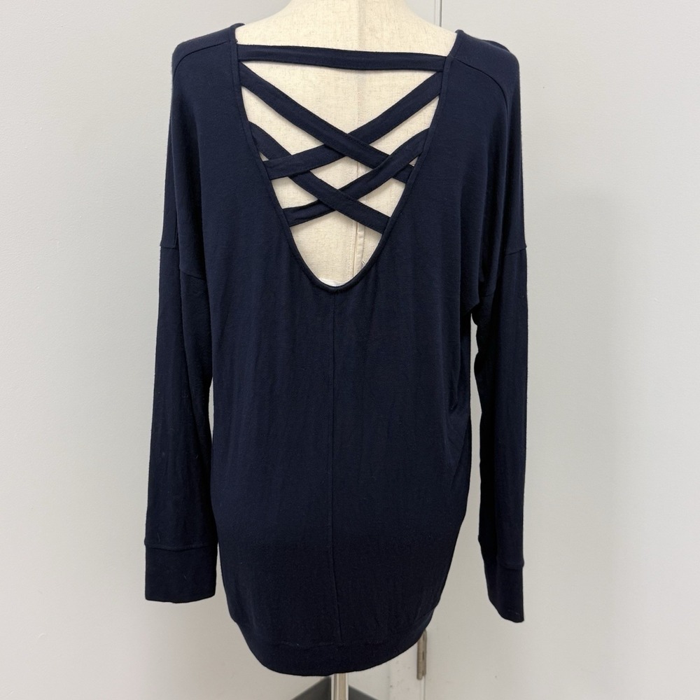 Athleta Navy Modal Open Back Criss Cross Top Medium Long Sleeve Boho Lounge Soft